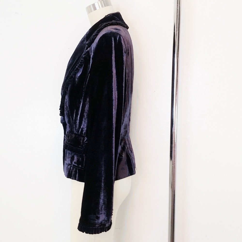 Blue Panne Velvet Blazer Jacket Ruffle Trim - Picture 7 of 8